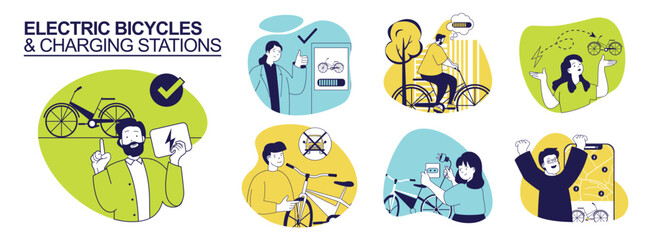 Electric bicycles and charging stations concept set for web design. Collection with people using eco bikes, charging battery, tracking routes on map in urban transportation. Vector illustration.