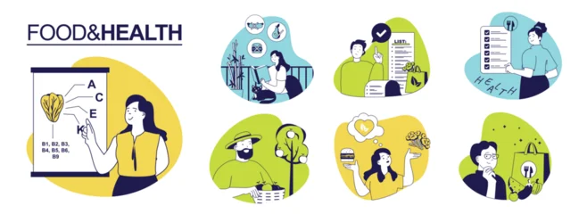 Fotobehang Onderzeeër Food and Health concept set for web design. Collection with people plan healthy diet, dietitian research nutrients, shopping in grocery with lists, choosing vegetables and fruits. Vector illustration.  © alexdndz