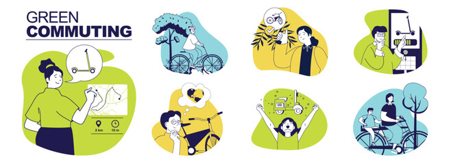Green commuting concept set for web design. Collection with people riding electric kick scooters for going to work, cycling bicycles, planning routes in app with charging stops. Vector illustration.