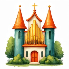 Naklejka premium Stylized illustration of fantasy church featuring large golden organ pipes on facade. Teal towers with orange conical roofs flank central white building with orange door, golden cross on top. Rich