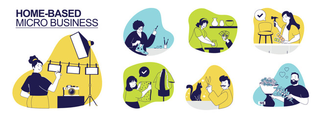 Home-based micro business concept set for web design. Collection with people work in studio as photographer, shoemaker, potter, furniture repair, tailor, florist and pet grooming. Vector illustration.