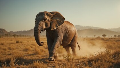 Low-angle shot of a male elephant in full gallop through dry grassland