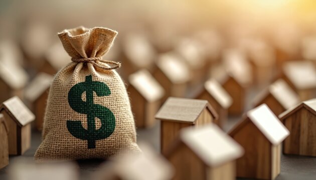Money bag with dollar sign stands near many small wooden houses. Symbolizes real estate investment growth and rising property values. High demand for homes.