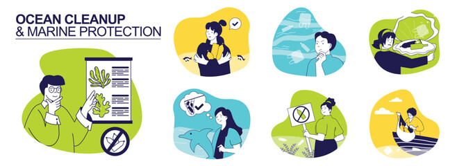 Ocean cleanup and marine protection concept set for web design. Collection with people researching sea ecosystem, gathering plastic trash in water, saving dolphins and wildlife. Vector illustration.