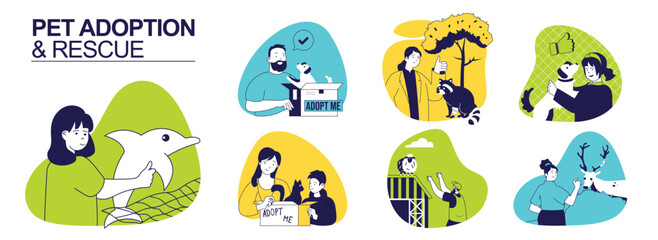Pet adoption and rescue protection concept set for web design. Collection with people saving dolphins, taking to home cats and dogs from shelters, protect and caring other animal. Vector illustration.