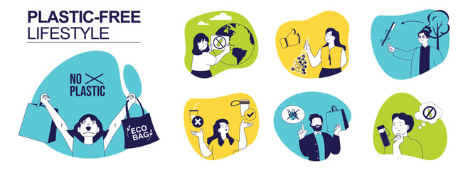 Plastic-free lifestyle concept set for web design. Collection with people using eco shopping bags and paper packages, reusing coffee cups, zero waste habits and reduce garbage. Vector illustration.