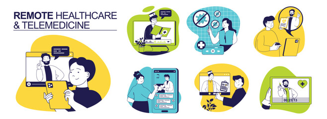 Remote healthcare and Telemedicine concept set for web design. Collection with people get doctor consultation by video call, chat with clinic online for diagnosis and treatment. Vector illustration.