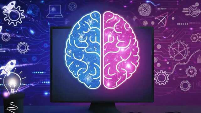 A computer monitor displaying a divided brain illustration surrounded by technical diagrams and symbols in a futuristic setting from a straight-on viewpoint