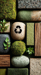 Natural materials are arranged in a wooden tray for Earth Day. Recycling symbols are visible on stones and moss, promoting eco-friendly activities and awareness