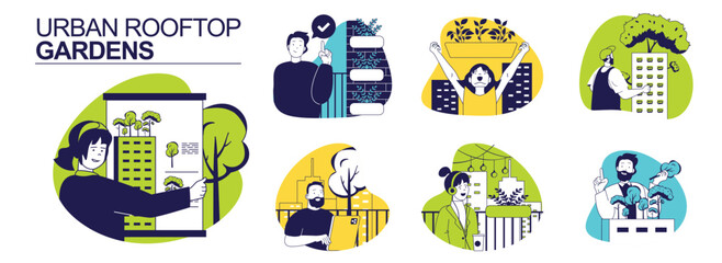 Urban rooftop gardens concept set for web design. Collection with people gardening at balcony and house spaces, growing plants in containers, creating urban jungle at terraces. Vector illustration.