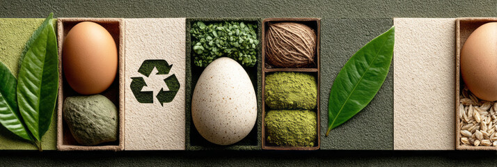 Natural materials are arranged in a wooden tray for Earth Day. Recycling symbols are visible on stones and moss, promoting eco-friendly activities and awareness