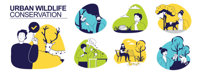 Urban wildlife conservation concept set for web design. Collection with people supporting deer, squirrel, hedgehog, raccoon, cat in city ecosystem, feeding ducks and other birds. Vector illustration.