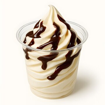 Vanilla Soft Serve Ice Cream Cup with Chocolate Drizzle - Delicious Frozen Yogurt Summer Dessert