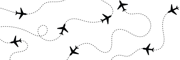 Airplane flight routes travel pattern background. Seamless aviation themed background with airplane icons and dotted flight paths, representing air travel, global transportation. Vector illustration. 