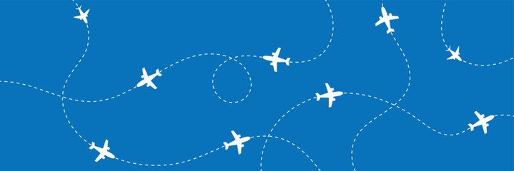 Airplane flight routes travel pattern background. Seamless aviation themed background with airplane icons and dotted flight paths, representing air travel, global transportation. Vector illustration. 