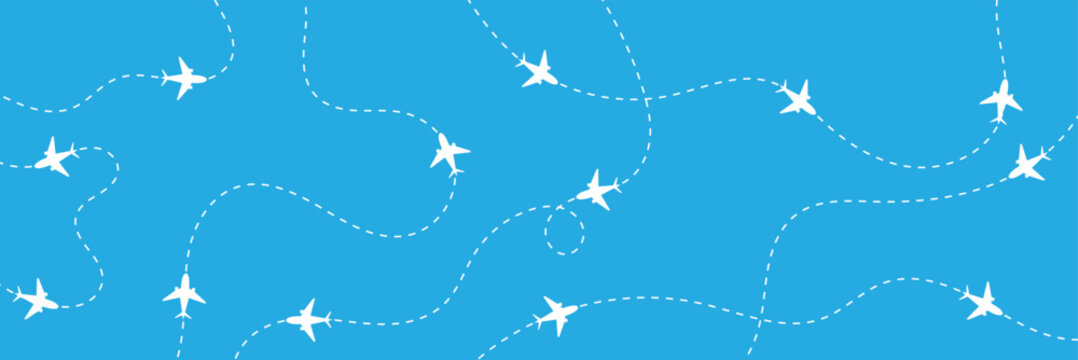 Airplane flight routes travel pattern background. Seamless aviation themed background with airplane icons and dotted flight paths, representing air travel, global transportation. Vector illustration. 