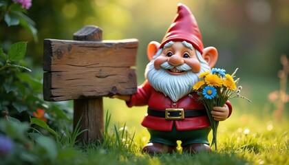 Naklejka premium Garden gnome with flowers stands by wooden sign. Cheerful dwarf holds bouquet. Gnome wears red hat, green pants. Gnome smiles. Sunny day. Background green blur. Awaiting message. Nature art.