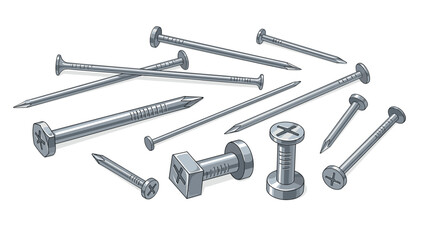 Realistic digital illustration shows a collection of various steel nails, bolts, and hardware fasteners scattered on a white background.