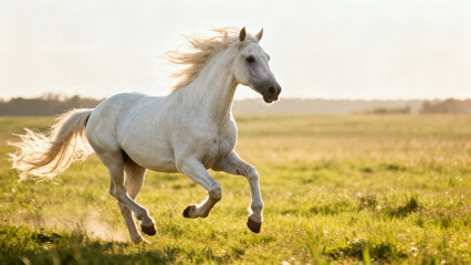 Fototapeta premium Elegant white horse running freely in open countryside.