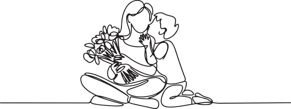 Single continuous line drawing a mother sitting on the floor and holding a bouquet of flowers with her son kissing her cheek. Celebration. Present. Day of Mother. one line Icon drawing