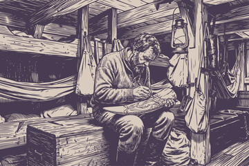 A bearded man carving a tusk by lantern light in a rustic ship's cabin. Vector illustration of a sailor or explorer in a classic, vintage engraving style.