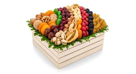 Assorted nuts and dried fruits gift box cut out isolated on white background with shadow. AI generated.  