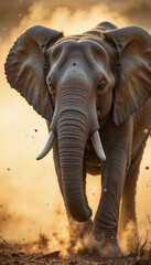 Close-up side view of a running elephant, eyes focused ahead, ears extended