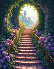 Naklejka premium Stone stairs wind upwards surrounded by green ivy and purple flowers leading to a distant fairytale castle under bright sunlight. Path to enchanted kingdom.