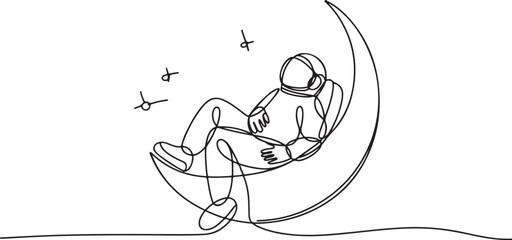 One single line drawing of space man astronaut exploring cosmic galaxy, leaning relax on crescent moon vector illustration. Fantasy outer space life fiction concept. one line Icon drawing © Mofazzelh