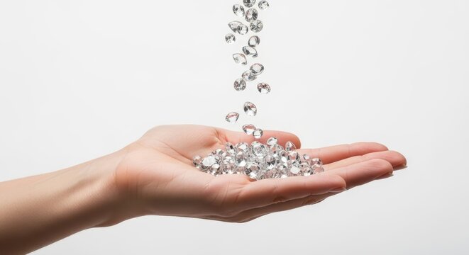 diamonds falling down onto a hand, on a solid white background, glimmering jewels, luxury