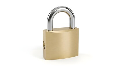 Fototapeta premium A sturdy brass padlock with a silver shackle on a white background