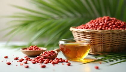 Obraz premium Red goji berries in wooden bowl and basket next to glass of tea. Fresh fruit and drink with palm leaves background. Natural healthy food and beverage.