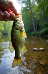 Fototapeta premium Hand holds a green bass fish just caught from a clear river. Outdoors nature scene with blurred trees and water background. Angler shows fish before release, enjoying sport.
