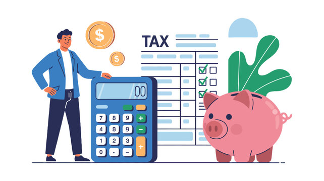 A man using a calculator to plan his taxes and save money in a piggy bank