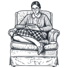 A young woman in glasses reading a book in a cozy armchair. Detailed vector illustration in a classic, vintage engraving or sketch style.