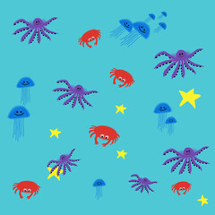 Fototapeta premium Colorful drawing featuring cartoon sea creatures on a blue background. Purple octopuses, red crabs, and blue jellyfish with smiling faces. Yellow starfish adding bright contrast. Playful marine theme