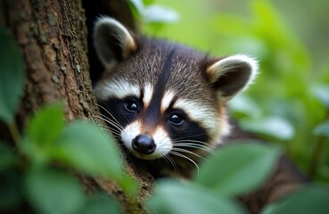 Fototapeta premium Baby raccoon peeks from hollow tree trunk. Cute wild animal with black mask and furry body hides among green leaves. Nature portrait of young procyon in forest.