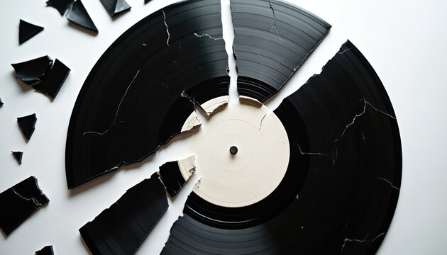 Black vinyl record broken into pieces on white background. Music disc shattered with sharp fragments and cracks. Discarded old audio media object isolated for copy space.