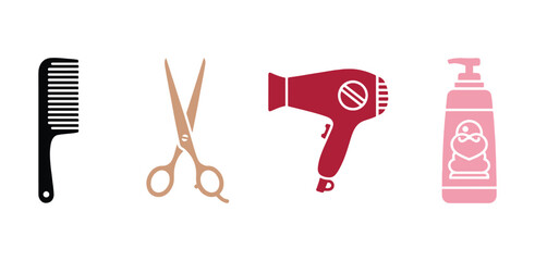 Fun and colorful icons for barbershops and hairdressers. A set of hair care and hairdressing tools icons. Includes barber combs, scissors, dryers, shampoo, and shaving cream. Isolated vector