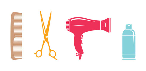 Stylish and colorful icons for barbershops and hairdressers. Hair care and hairdressing tools icon collection. Features barber combs, scissors, dryers, shampoo, and shaving cream. Isolated vector