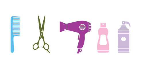 Colorful icons representing barbershops and hairdressers. Set of hair care and hairdressing tools icons. Features barber combs, scissors, dryers, shampoo, and shaving cream. Isolated vector