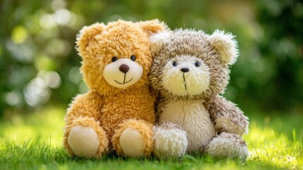 Cute plush toy bears sitting on green grass in sunlit garden setting.