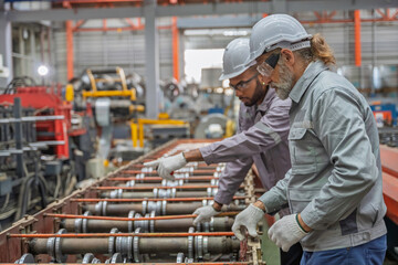 Two engineers wearing safety helmets and gloves operate a control panel in an industrial factory. Teamwork and safety procedures in modern manufacturing environment.