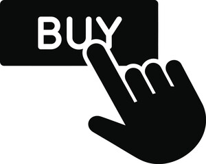 Obraz premium A minimalist black and white graphic illustration of a hand cursor clicking on a 'BUY' button, representing online shopping and e-commerce transactions