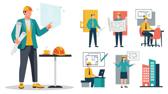 A set of flat design illustration of a architect, simple and minimal style, no outline, modern bright colors, white background