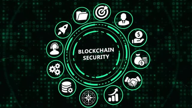 Blockchain Security and Data Protection Concept - Digital Interface with Infographic Icons for Fintech, Cybersecurity, and Decentralized Technology Solutions on Green Matrix Background.