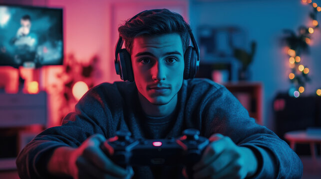 Boy with headset plays video games in a modern room with colorful lights