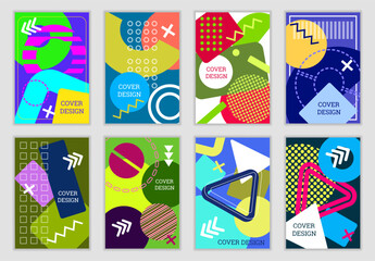 Bright background in Memphis style. Set of geometric cover.  Fashionable bright cover, banner, poster, booklet. Bright colors. Vector eps