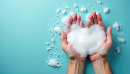 Fototapeta premium Hands hold soft white foam creating heart shape on blue background. Gentle soap bubbles and powder scattered around. Caring for skin, clean hands. Hygiene and beauty.