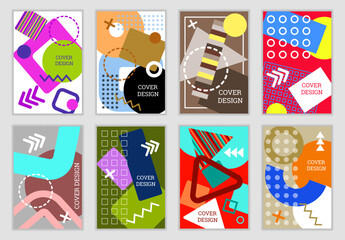 Bright background in Memphis style. Set. Fashionable bright cover, banner, poster, booklet. Bright colors. Vector illustration